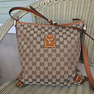 Gucci Abbey Brown Leather Monogram Canvas Medium Messenger Bag